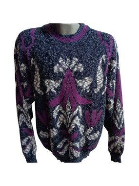 True Vintage Ugly Sweater XL 1980's Zeppelin Wild Purple Abstract AOP Korea XL